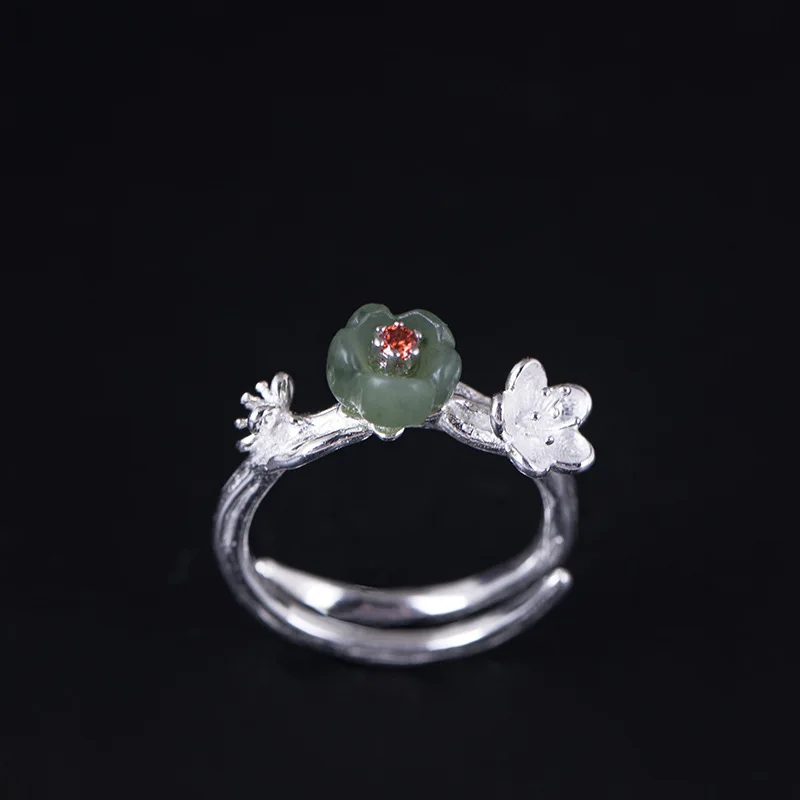 

Solid 925 Sterling Silver Rings for Women with Stones Wintersweet Flower Resizable Ring Chalcedony CZ Novelty Ethnic Jewelry