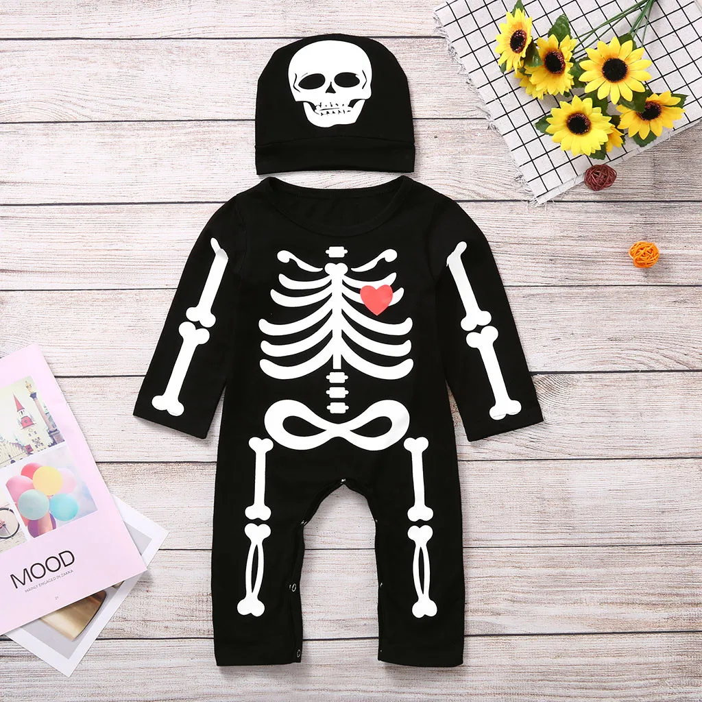 Halloween Bone Print Romper Jumpsuit+Hat Set Outfits Newborn Baby Boys Girls Toddler Halloween costume Lively Kombinezon Dziecko
