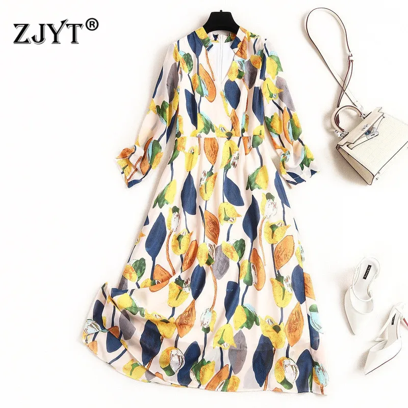 

Top Fashion Designer Women Spring Dress 2020 New Lady Elegant V Neck Long Sleeve Print Aline Chiffon Holiday Dresses