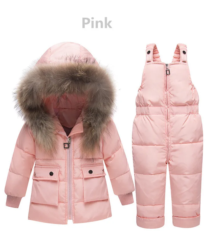 Pink Русская зима, плотный теплый детский зимний комбинезон, детское пуховое пальто 90% утиный пух, штаны-куртка для маленьких девочек и мальчиков, пуховая куртка, костюм - Цвет: Pink