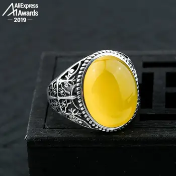 

12*16mm 6.18 Sale S925 Sterling Silver Ukraine Amber Rings Exaggerated Rings health rich lithuania Retro Chalcedony
