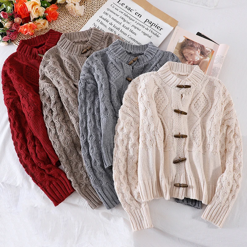 

Lazy Wind Oversize Loose Knitted Cardigans Sweater Women Long Sleeve Horn Button Single Breasted Solid Vintage Tops Sweaters
