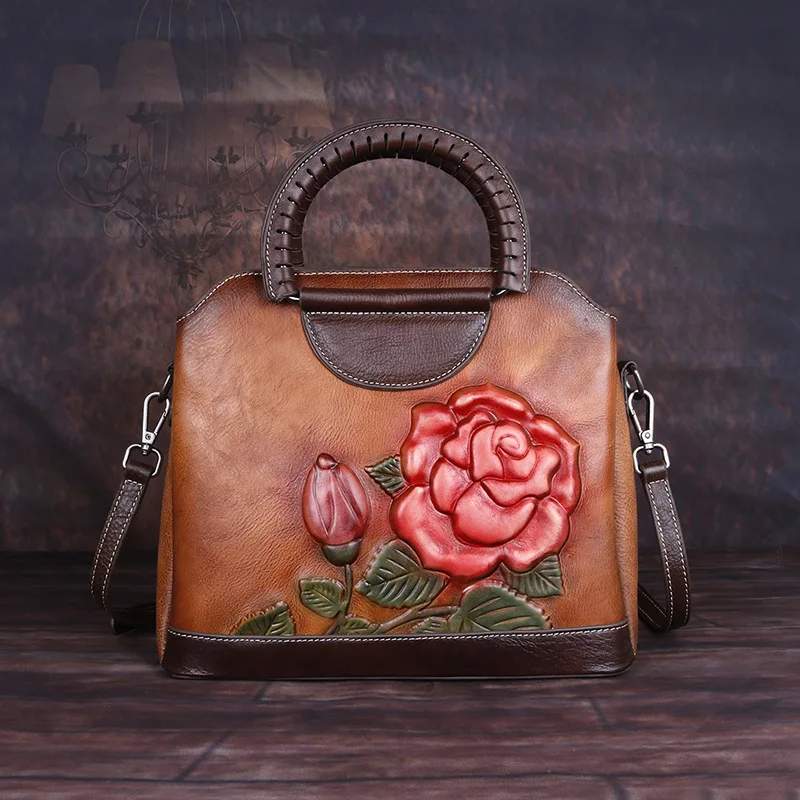 

2020New Retro Leather Handbag Hand-Brushed Fashion Rose Embossed Shoulder Bag Messenger Bag