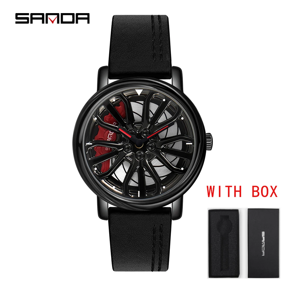 Hot Sell Fashion Men Quartz WristWatch Creative 360 Degree Rotating Car Wheel Quartz Watch Leather Waterproof Rim Hub Clock Men 