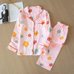 Japanese New Spring and Autumn Ladies Cotton Gauze Pajamas Set Long-sleeved Trousers Flowers Cute Pajamas Set Home Service Women