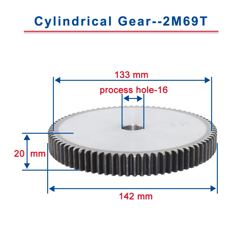 

1piece 2M69T spur gear teeth outer diameter 142mm cylindrical gear process hole 16mm flat gear 45#carbon steel total height 20mm