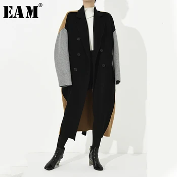

[EAM] Loose Fit Contrast Color Big Size Long Woolen Coat Parkas New Long Sleeve Women Fashion Tide Spring Autumn 2020 1H1710