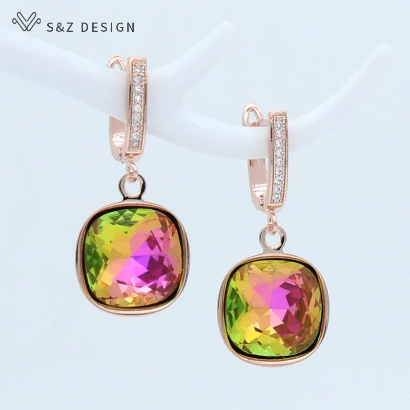 S&Z DESIGN Korean Fashion Elegant Colorful Square Crystal Dangle Earrings For Women Wedding Jewelry Gift 585 Rose Gold Eardrop