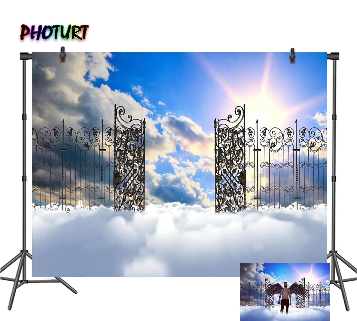 

PHOTURT Heaven Gate Backdrop Wedding BedRoom Decoration Background Shinny Clouds Blue Sky Vinyl Polyester Photography Props