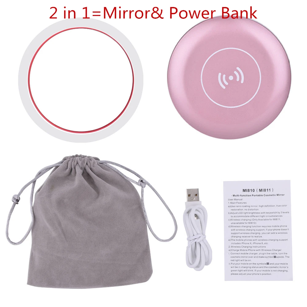 Rose Gold 2 in 1 2 в 1 светодиодный зеркало с подсветкой для макияжа и Беспроводной Мощность банка Мини Косметическое Зеркало смарт-зондирования освещения Портативный косметическое зеркало для путешествий - Цвет: Rose Gold 2 in 1