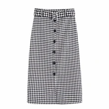 Женская винтажная однобортная прямая шерстяная юбка в клетку с узором «гусиная лапка», faldas mujer, офисная одежда с поясом, Юбки миди QUN507