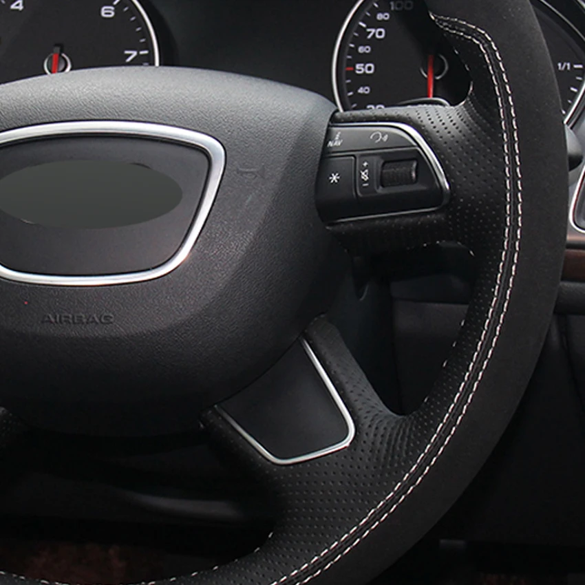 Черный чехол на руль из натуральной кожи и замши для Audi Q7 2012- Q3 Q5 2013- A4(B8) A6(C7