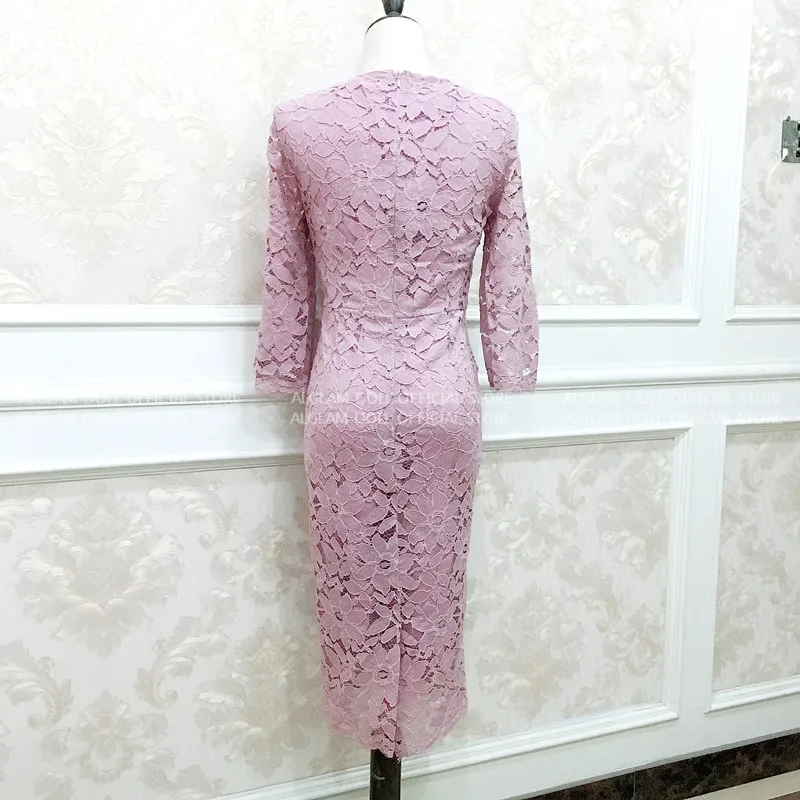 Новые Длина Full Lace вечерние платье Для женщин розовый 3/4 рукавом v-образным вырезом с длинным рукавом твердое карандаш Vestidos