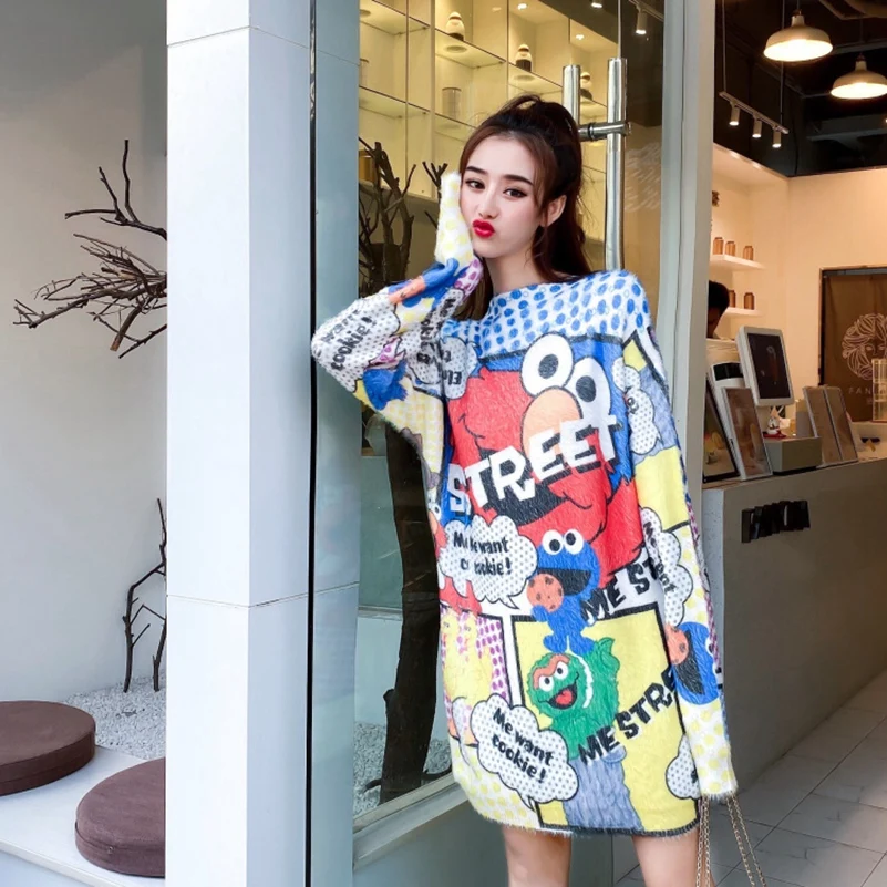 SexeMara/Новинка; Модные свободные осенние вязаные свитера с рукавами и принтом героев мультфильмов;