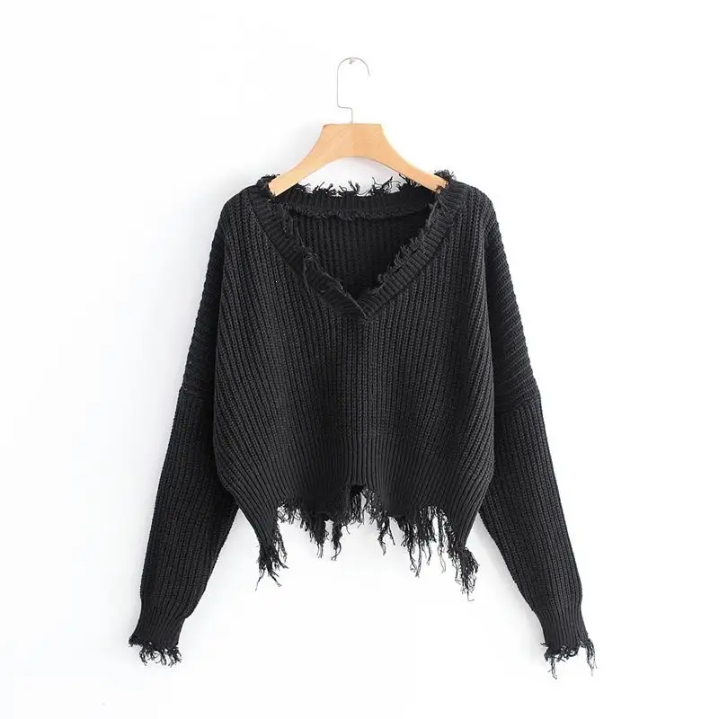 Осенний женский свитер большого размера с v-образным вырезом, однотонный теплый свитер с длинным рукавом, Повседневный пуловер, свободные вязаные свитера с кисточками