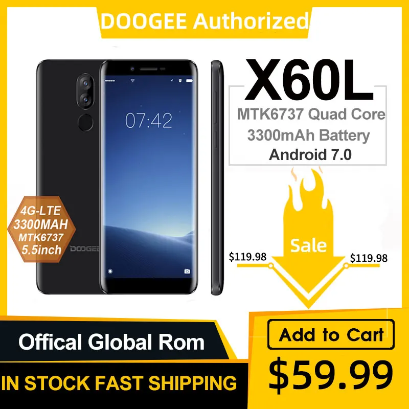 DOOGEE X60L смартфон с 5 дюймовым дисплеем четырёхъядерным процессором MTK6737 ОЗУ 2 Гб