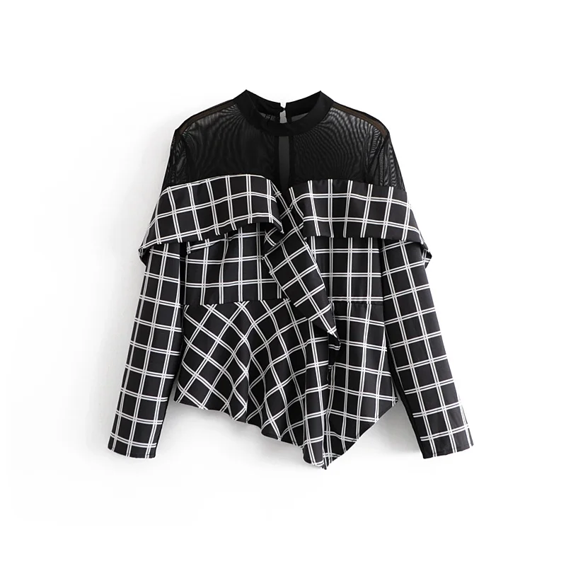 

Women Checkered Plaid Print Shirts Irregular Patchwork Mesh Blouses Blusas Femininas O Neck Long Sleeve Stylish Casual Tops 2020