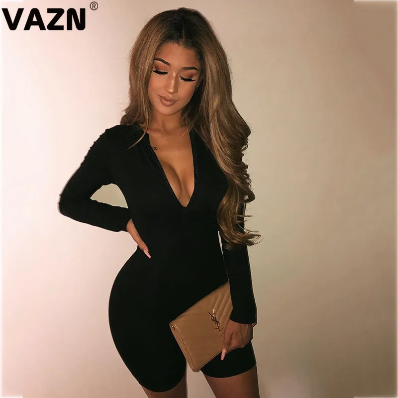 VAZN GFD18350 дизайн черный, серый молодой праздник панк стиль женский комбинезон с коротким рукавом короткие брюки комбинезоны волнующие Клубные Комбинезоны - Цвет: Черный