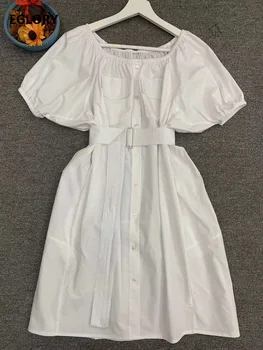 

2020 Summer Fashion White Dress High Quality Women Batwing Sleeve Tunic Buttons Front Belt Deco Casual Work Dress Office Ladies