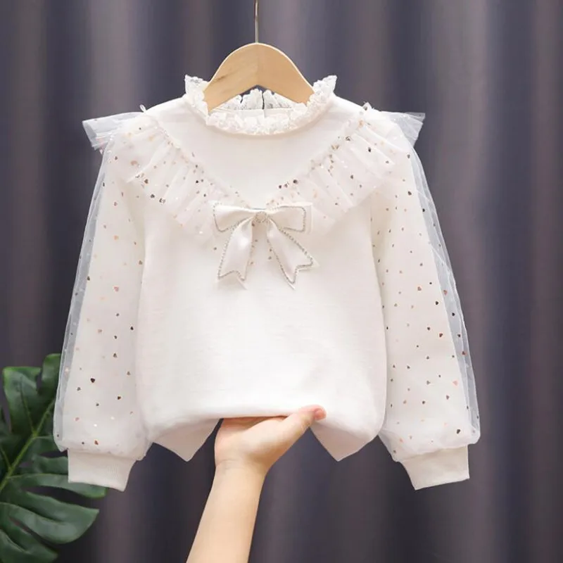 Spring Autumn Toddler Teen Girls Cotton Blouse White Bow Lace Long Sleeve Shirts Kids Pullover Tops Children Clothes 3-12 Years kids shirts