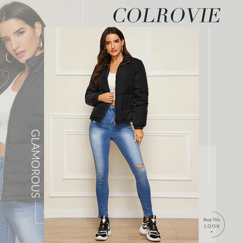 COLROVIE, Черная Женская Стеганая куртка на молнии с косой карманом,, зимняя уличная одежда, пальто и куртки, Повседневная однотонная теплая верхняя одежда