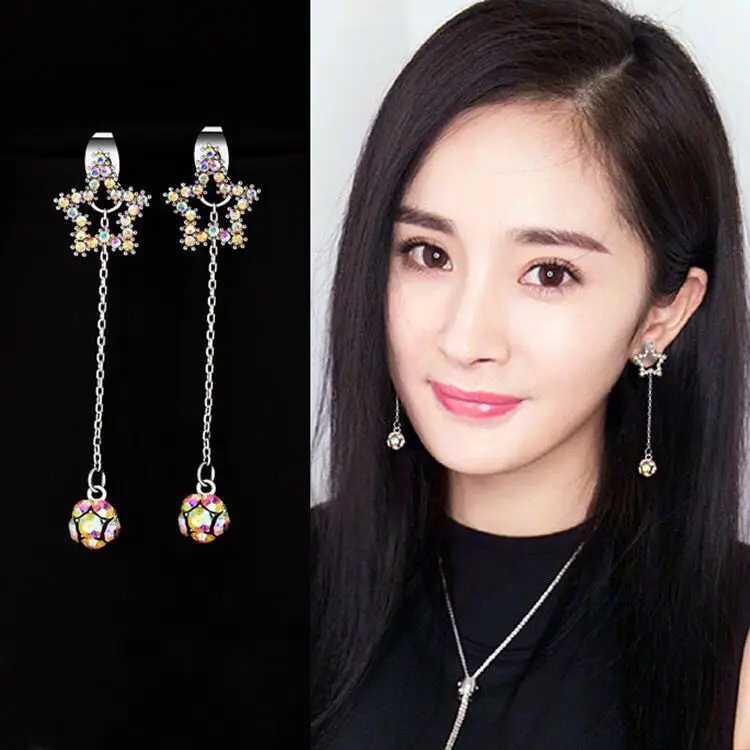 Горячие корейские модные новые серьги темперамент Sina Цвет Кристалл Длинные пятиконечные звезды женские оптовые серьги продажи богемные