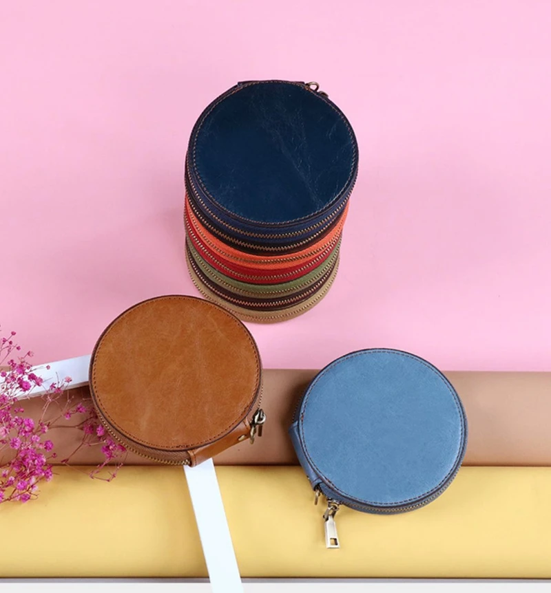 Genuine Leather Coin Purse Bag For Women Girl Short Zipper Round Small Money Pocket Bags Card Holder Wallet With Wraist Strap