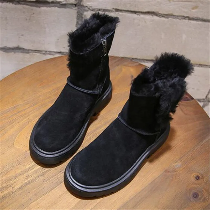 New Matte Cowhide Thick Wool Boots Women Warm Shoes Snow Boots Non-slip Gray Black Shoes Leather Boots Winter Shoes Woman Boots