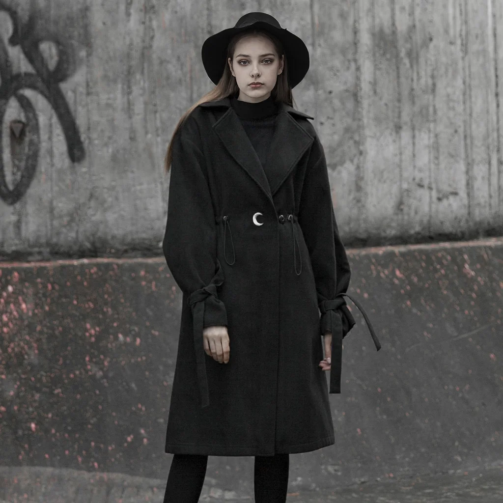 Женское длинное пальто в стиле панк с завязками на талии вышивкой виде Луны