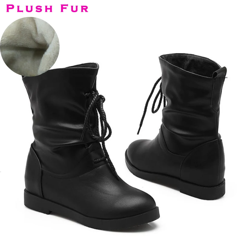 black plush Haoshen/Обувь для девочек женские ботинки зимние повседневные зимние сапоги до середины икры на низком каблуке Обувь На Шнуровке Размер 10,5 - Цвет: black plush