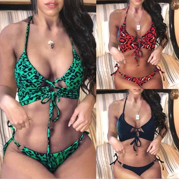 

Leopard Beach Bikinis Bandage Top+Thong Bottom Swimming Suits G-String Swimwear 2020 Hot Sale 2 Piece Bikinis Push-up Biquinis