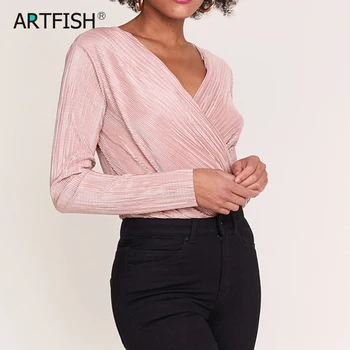 

Sexy New Long Sleeve Bodysuit for Women 2019 Autumn Fashion Green Textured Shirts Button Tops Elegant Party V Neck Club GV311