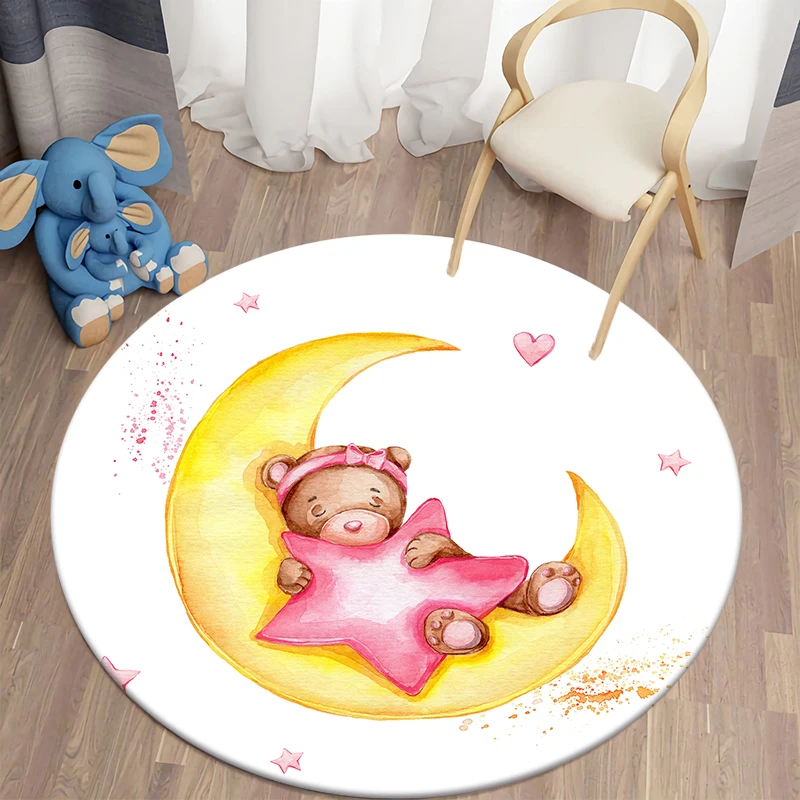 Cartoon Bear Print Children Carpet Kawaii Area Rugs Round Carpet for Living Room Floor Mat Flannel Anti-Slip Mat for Children