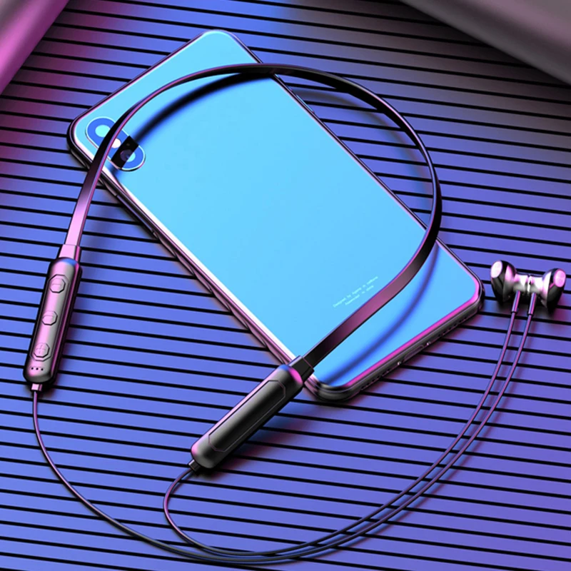 Q7 Беспроводные Bluetooth 5,0 наушники шейные наушники 135 мАч большая батарея гарнитура с микрофоном Спорт 4D звук гарнитура - Цвет: Черный