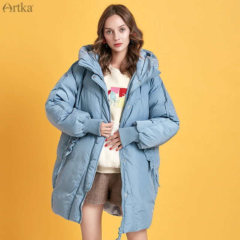 ARTKA Зимний женский пуховик синего цвета 90% белый утиный пух пальто с капюшоном Длинная Повседневная Свободная Толстая теплая верхняя одежда ZK10293D