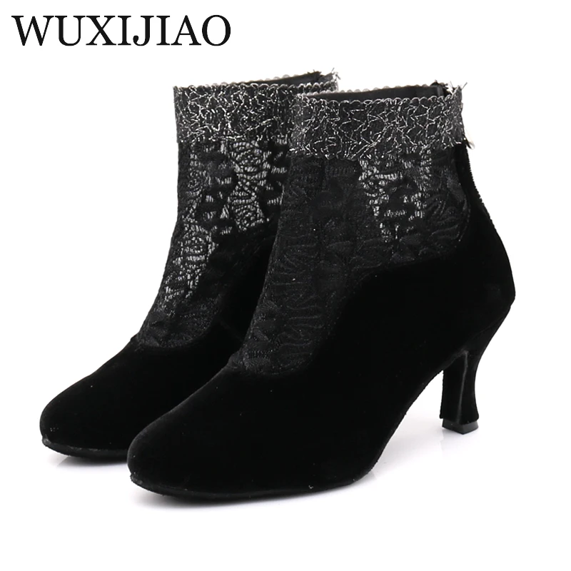 WUXIJIAO/женские туфли для бальных и латиноамериканских танцев; черные замшевые туфли для танцев на каблуке 7,5 см