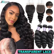 Allove Brasiliano Onda Allentata Bundle Con Chiusura Trasparente Chiusura Con Bundles Arricciatura Allentata Bundle con Chiusura Dei Capelli Non-Remy