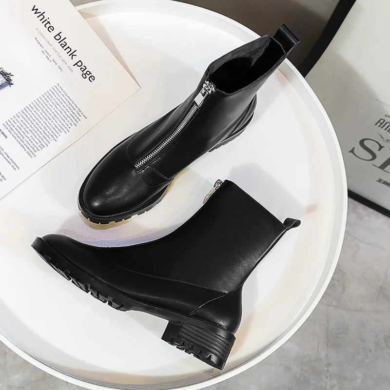 

women boots Winter 2020 thick heel British new front zipper mid rise Martin boots women's black boots