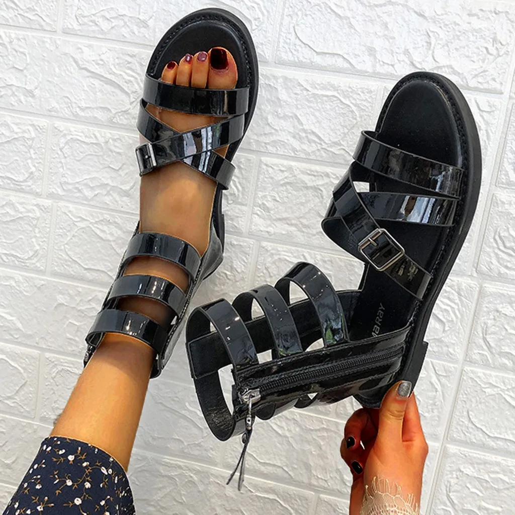 Rome Shoes Woman Flat Sandals Rope Classic Rivet Rock Open Toe Shoes Platforms with buckle side zipper Women's sandals sapato