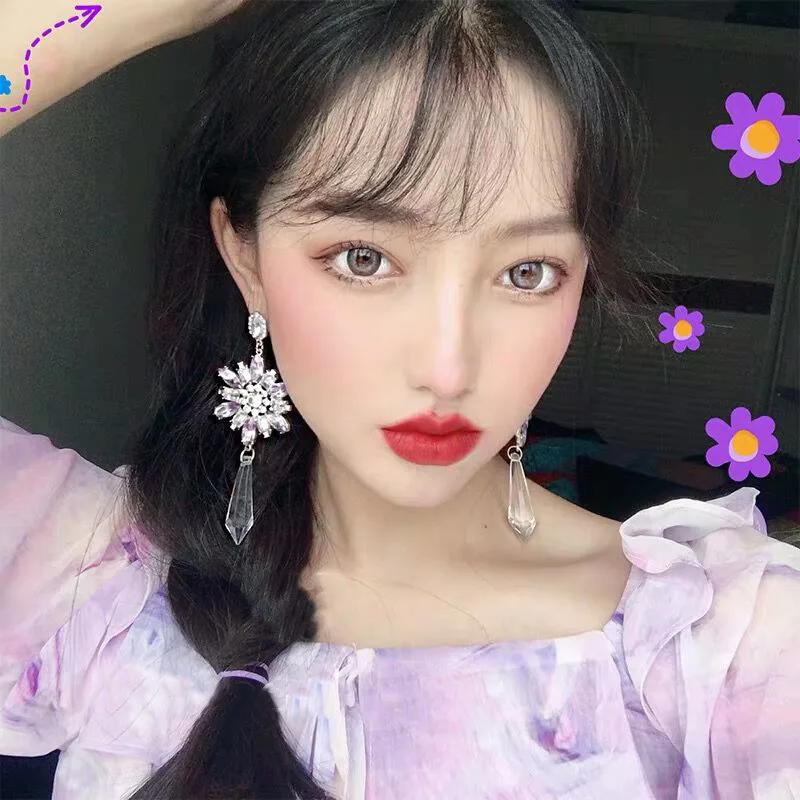 Korea New Exaggerate Purple Crystal Geometric Dangle Earrings For Female Daily Shiny Rhinestone Elegant Party Jewelry