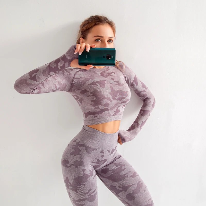 Goedkoop Yoga Set Vrouwen Naadloze Fitness Kleding Yoga Beha Sport Lange Mouwen Tops Camouflage Gym Leggings Broek Pak Workout Sportkleding