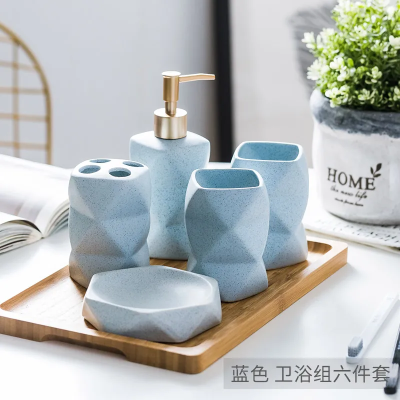 6PCS BLUE Керамический набор для мытья ванной комнаты из четырех предметов, мебель для мытья ванной комнаты, туалетные принадлежности, подарочный набор, кружка, аксессуары для ванной комнаты WY116011 - Цвет: 6PCS BLUE