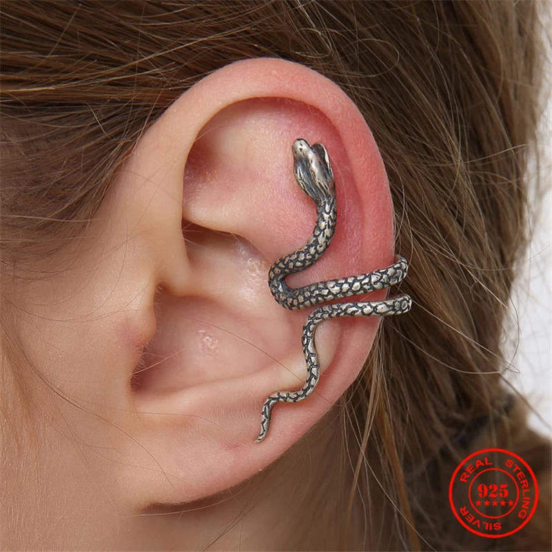 MKENDN Real 925 Sterling Silver Snake Shaped Ear Bone Clip Cuff Wrap Earrings No Piercing-Clip Gothic Earrings Party Jewelry