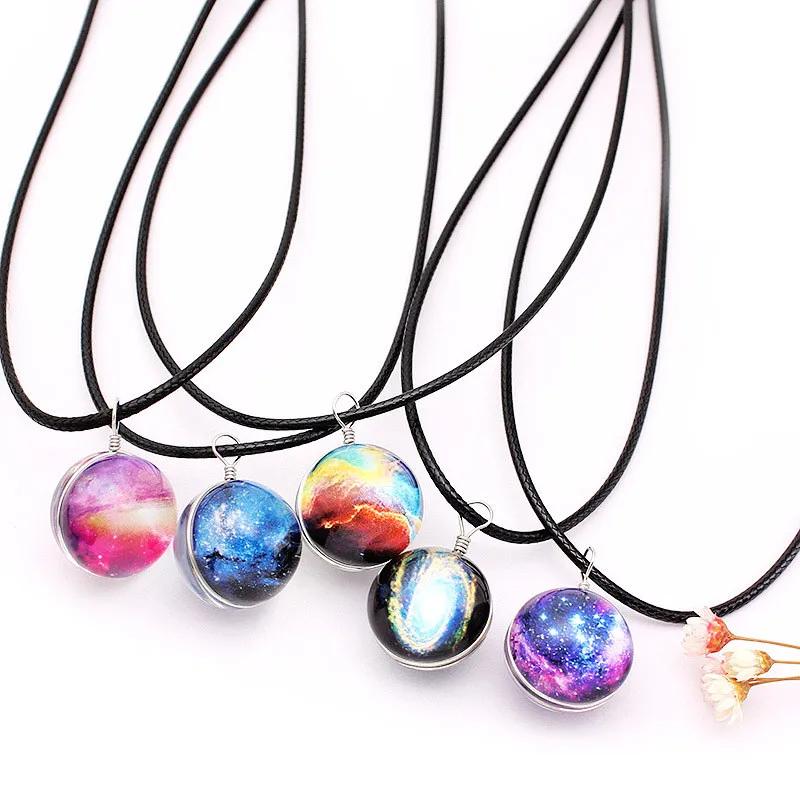 

1Pcs Vintage Colorful Leather Rope Galaxy Planet Star Glass Ball Pendant Duplex Planet Crystal Stars Ball Women Necklace