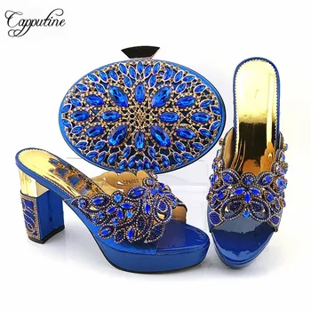 

Royal Blue African Party Heel Slip-on Shoes And Evening Bag Set With Stones CP6002 Heel Height 10.5CM