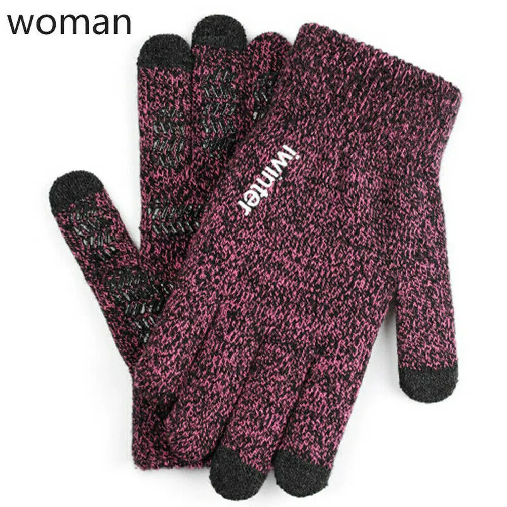 Rose red female Женские зимние водонепроницаемые мужские перчатки, вязаные перчатки с сенсорным экраном, смартфон, стол, полный палец плюс бархатные ветрозащитные Нескользящие перчатки - Цвет: Rose red female