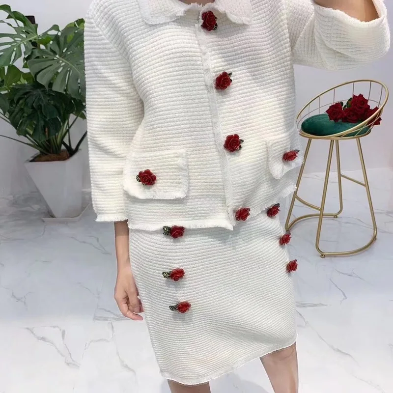 Высококачественный кардиган свитер наборы 2019 Осенняя зимняя вязаная одежда женская цветочная пуговица Кардиган Куртка + вязаная