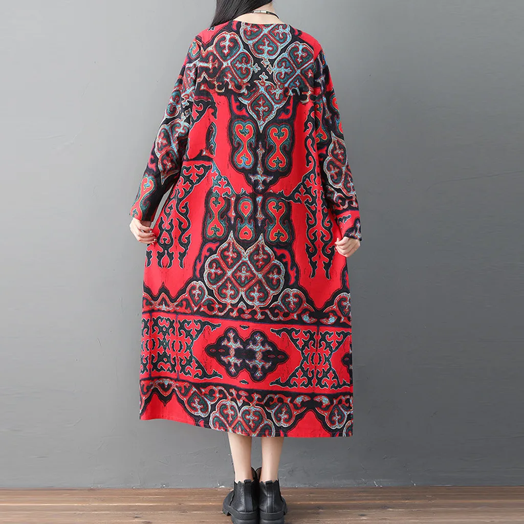 Платья vestidos женский круглый воротник принт хлопок и лен с длинным рукавом ropa mujer Длинное Макси платье#40910
