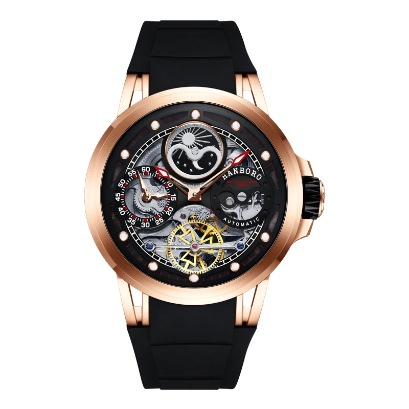 HANBORO Mens Fashion  Mechanical Men's Watch Trend Hollow out Luminous Automatic watches men Silicone band Reloj Hombre 