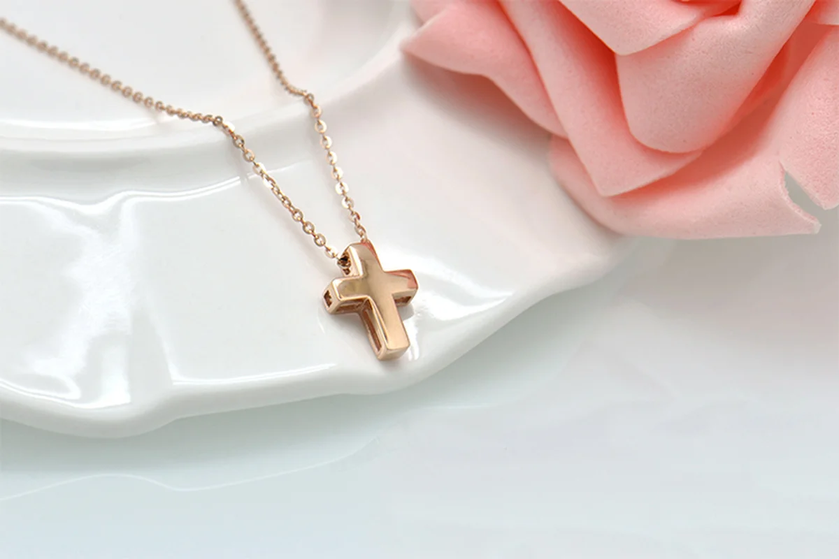 Классический крест Clavicular 18k чистый настоящий твердый кулон, розовое золото ожерелье набор для женщин Девушка Необычные религиозные офисные ювелирные изделия